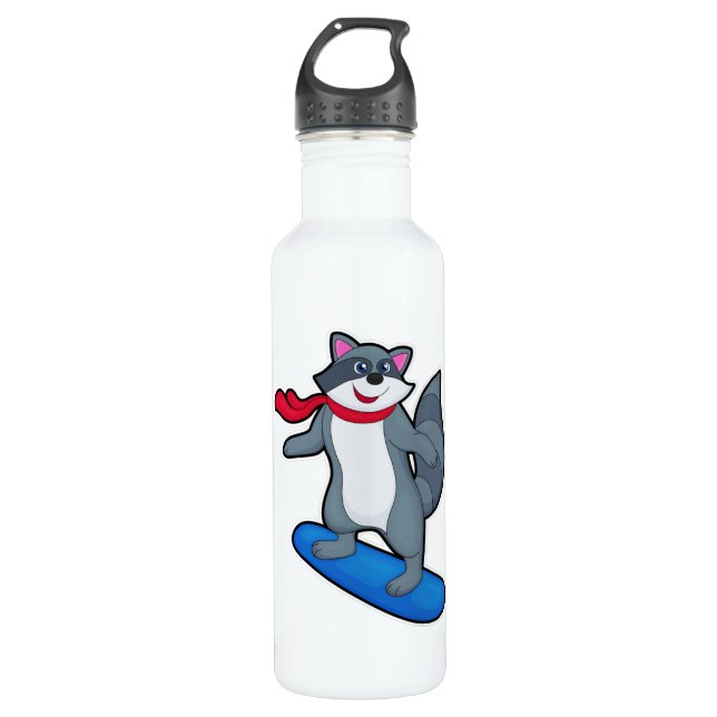 Botella De Agua Racoon como Snowboard con Snowboard y Scarf (Anverso)