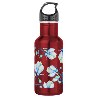 Botella De Agua Rama de magnolia acuarela azul verde botánica