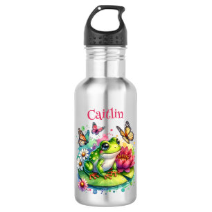 Botella De Agua Rana, flores y mariposas personalizadas