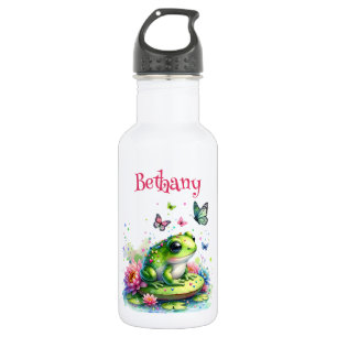 Botella De Agua Rana, flores y mariposas personalizadas