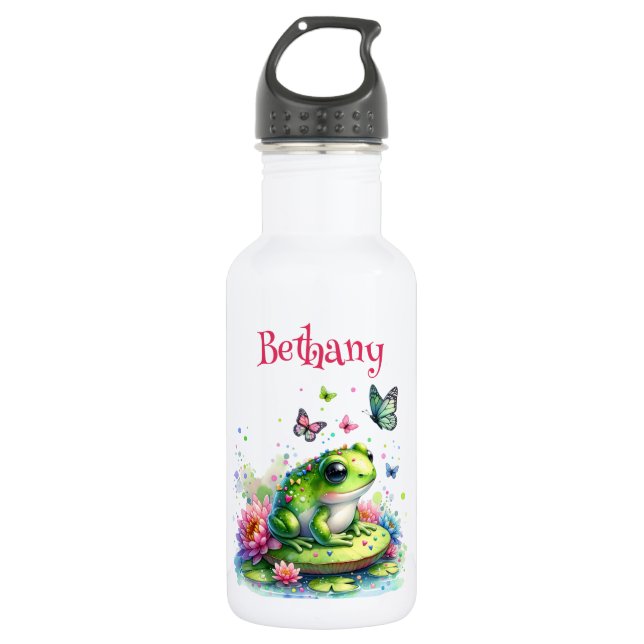 Botella De Agua Rana, flores y mariposas personalizadas (Anverso)