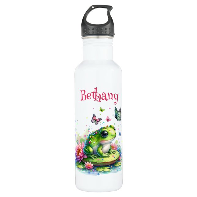 Botella De Agua Rana, flores y mariposas personalizadas (Anverso)