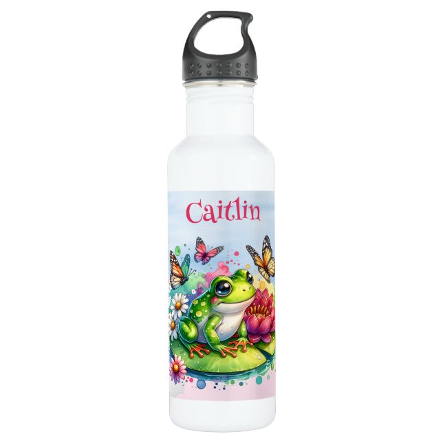 Botella De Agua Rana, flores y mariposas personalizadas (Anverso)