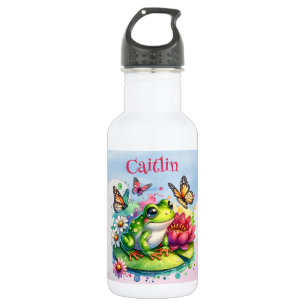 Botella De Agua Rana, flores y mariposas personalizadas