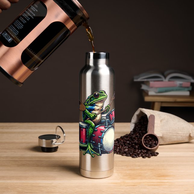 Botella De Agua Rana Personalizado divertida tocando los tambores (Café)
