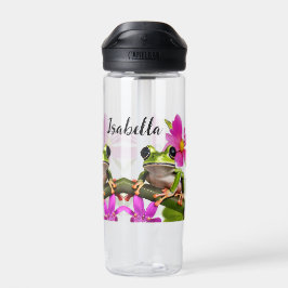 Botella De Agua Rana verde personalizada rodeada de flores rosas