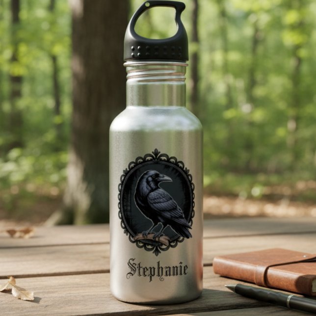 Botella De Agua Raven gótico con nombre (Personalized Gothic raven water bottle)