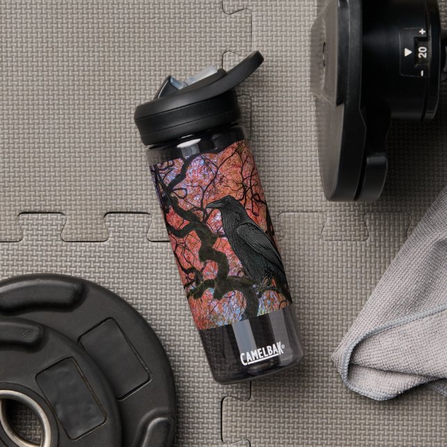 Botella De Agua Raven negro y arce japonés brillante (Gimnasio (girado))