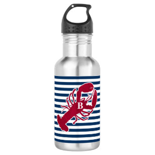 Botella De Agua Raya blanca azul del monograma rojo náutico de la