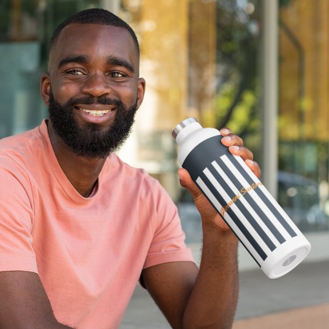 Botella De Agua Rayas azul marino | Monograma del caballero modern (Subido por el creador)