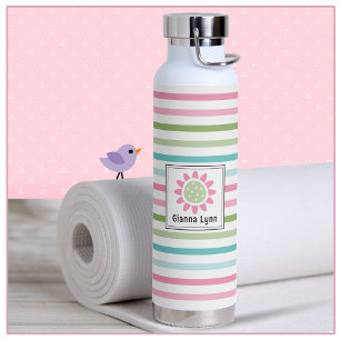 Botella De Agua Rayas de Pastel con Monograma Floral