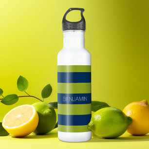 Botella De Agua Rayas de Rugby Azul Marino y Verde Lima con Nombre