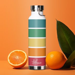 Botella De Agua Rayas Retro Coloridas - Arcoíris - Nombre en letra