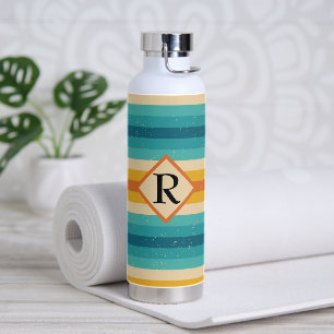 Botella De Agua Rayas retro multicolor monograma simple
