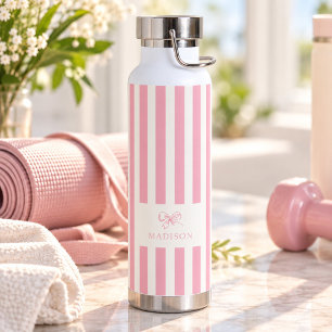 Botella De Agua Rayas rosadas y lazo Preppy con nombre personaliza