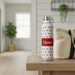 Botella De Agua Red Black Modern Hearts Retro Monogram Name