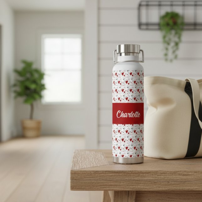 Botella De Agua Red Black Modern Hearts Retro Monogram Name (cute red and black retro hearts water bottle with name monogram)