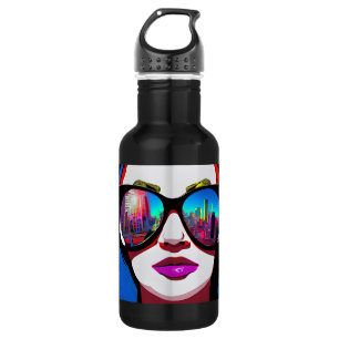 Botella De Agua Reflexión de la ciudad en mujer gafas de sol