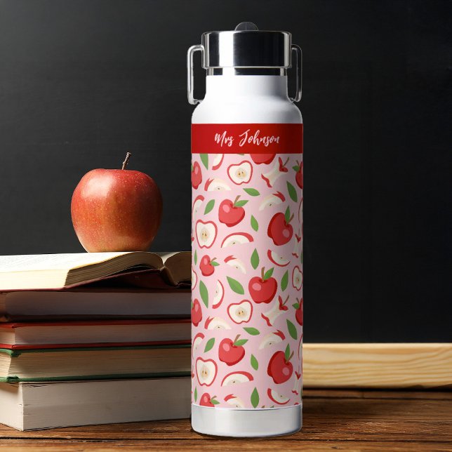 Botella De Agua Regalo de agradecimiento para maestros (A cute apple pattern teacher appreciation water bottle. Personalize it with your teachers name.)