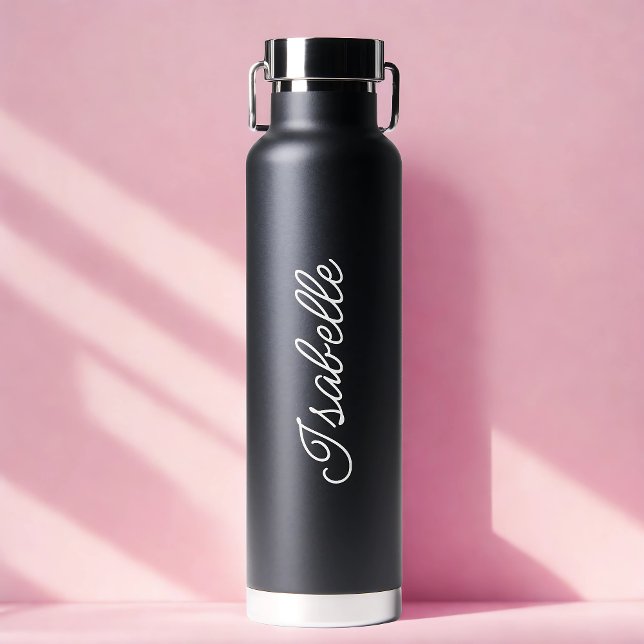 Botella De Agua Regalo de Boda negro con guión de nombre personali (Personalized Your Name Script Black Wedding Gift Water Bottle)