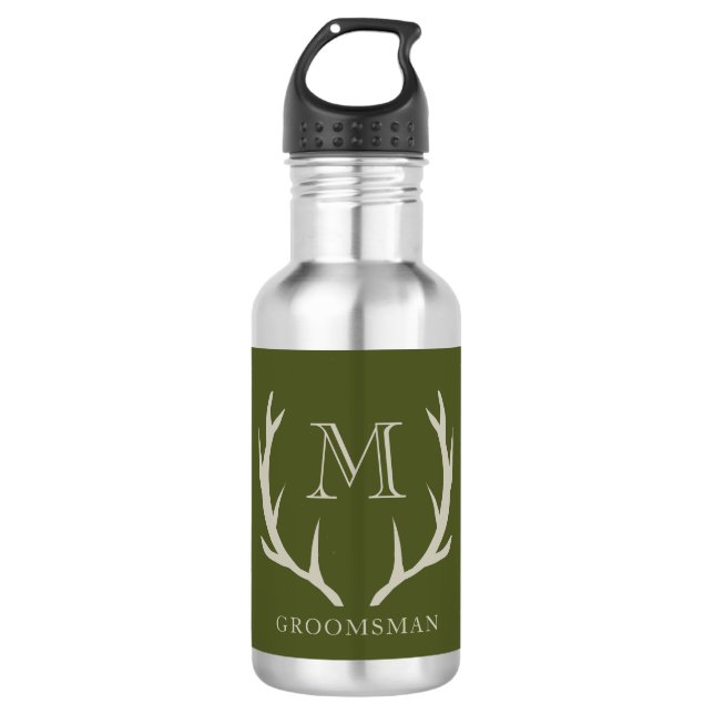 Botella De Agua Regalo de Groomsmen, Personalizado de Antler Verde (Anverso)