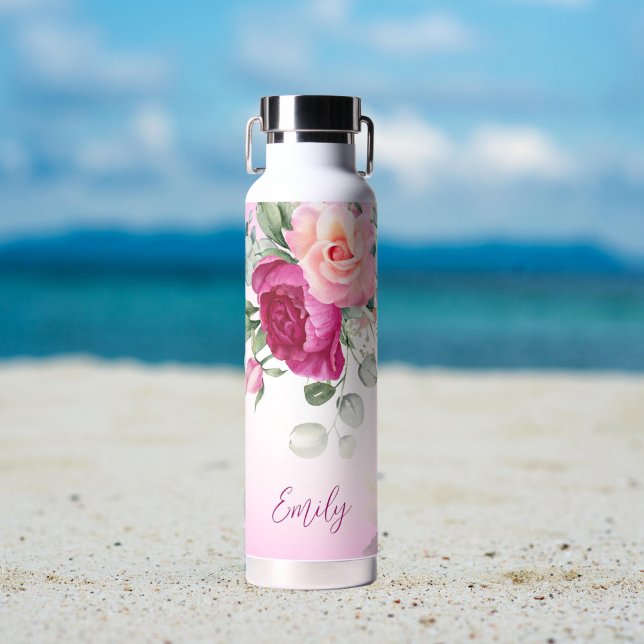 Botella De Agua Regalos de la dama de honor personalizados magenta (Magenta peonies pink roses personalized water bottle bridesmaid gifts bridal party favors)