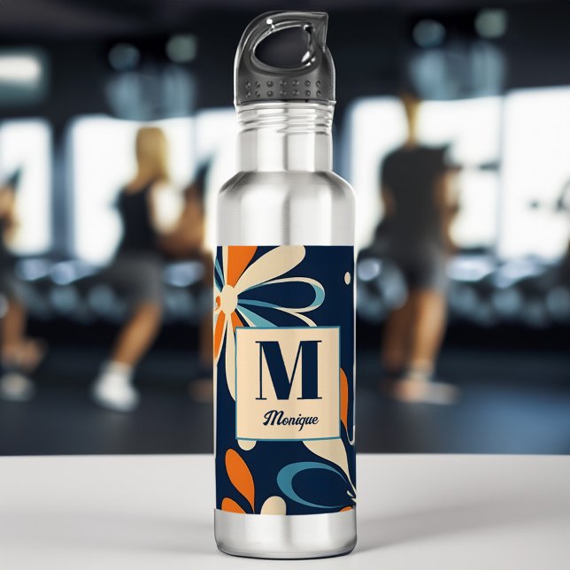 Botella De Agua Regalos de margarita verde azulada monograma retro (Monogram retro midcentury teal daisy bridesmaid gifts personalized water bottle bridal party favors)