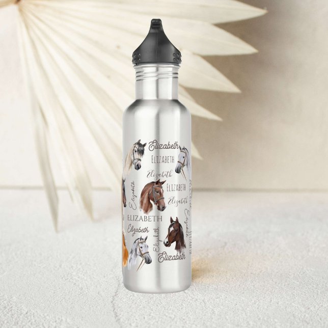 Botella De Agua Regalos ecuestres para chicas nombre personalizado (Horse gifts for girls personalized name horse portrait collage water bottle equestrian gifts)