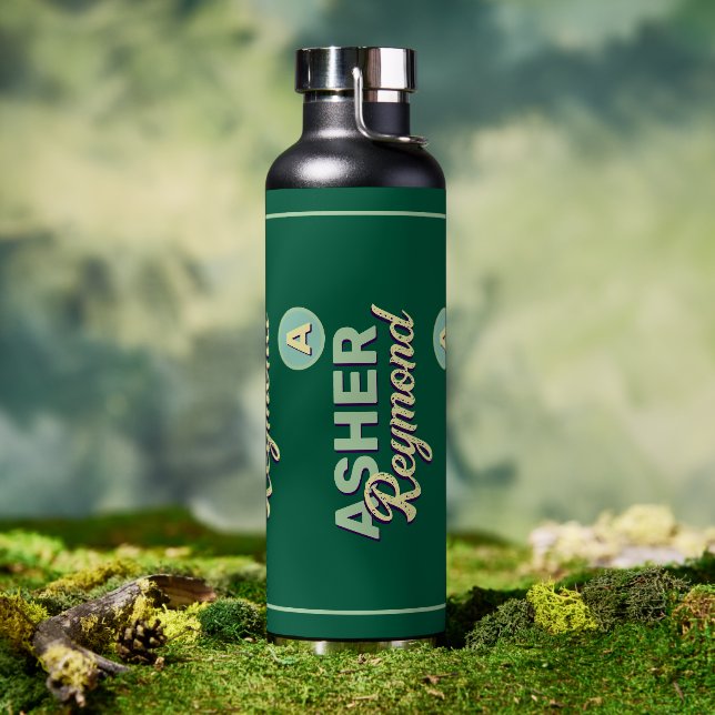 Botella De Agua Repetir nombre y apellido | Monograma en verde (Exterior)