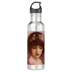 Botella De Agua Retrato de estilo vintage de hermosa mujer floral