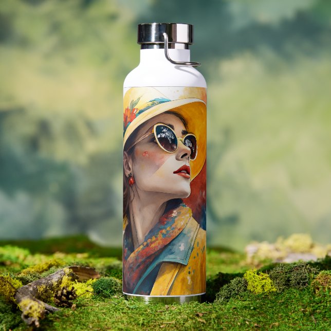 Botella De Agua Retrato en acuarela chic con arte de salpicaduras  (Exterior)