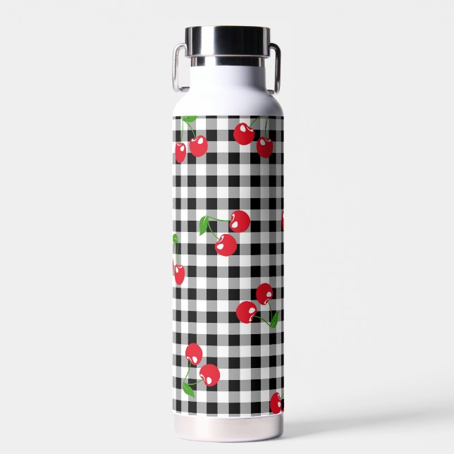 Botella De Agua Retro Cherry Gingham Cute Red & Black Checkered (Delantero)
