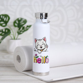 Botella de agua retro colorida con gato que saluda