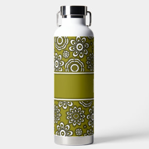 Botella De Agua Retro Flor de Aceituna Verde de los 70