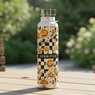 Botella De Agua Retro Groovy Daisy Cuadrícula Personalizado Nombre