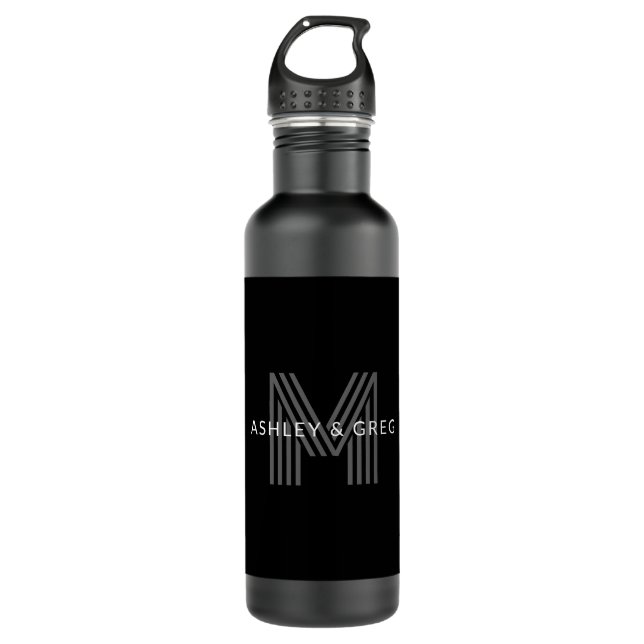 Botella De Agua Retro Nombre/s moderno Monograma editable negro y  (Anverso)