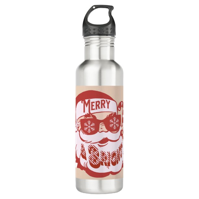 Botella De Agua Retro Santa Merry Navidades brillantes Rosa Rojo (Anverso)