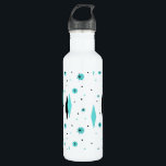 Botella de agua Retro Turquesa Diamantes & Starbur<br><div class="desc">Esta botella de agua retro-turquesa es una nueva versión de un estilo vintage. Se trata de un conjunto de estrellas kitsch, negras, sobre puntos de polka turquesa, con formas geométricas, turquesas y de diamante negro. Personalizar el color de fondo de este producto moderno de mediados de siglo si te sientes...</div>