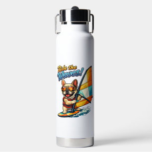 Botella De Agua Retro Windsurfing Frenchie Cabalga las Olas