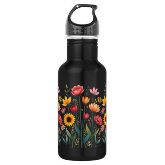 Botella de agua reutilizable floral negra