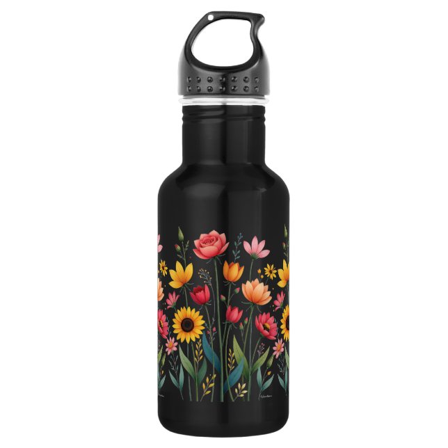 Botella de agua reutilizable floral negra (Anverso)