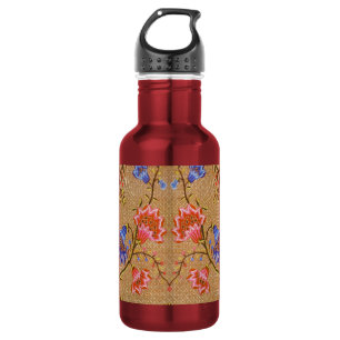 Botella De Agua Rojo Imperial y Dorado Motivo Floral Entrelazado d