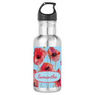 Botella De Agua Rojo Poppies Watercolor Poppy Nombre de Personaliz