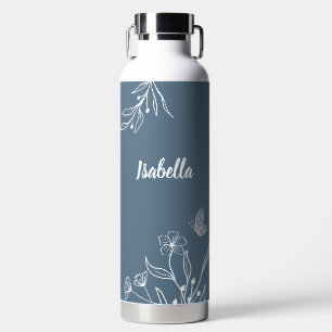 Botella De Agua Romántico elegante azul polvoriento floral 