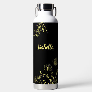 Botella De Agua Romántico elegante floral dorado negro 