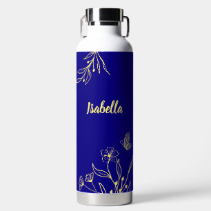 Botella De Agua Romántico elegante oro floral azul real