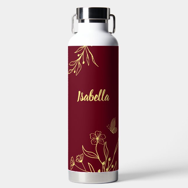 Botella De Agua Romántico elegante oro floral granate  (Delantero)