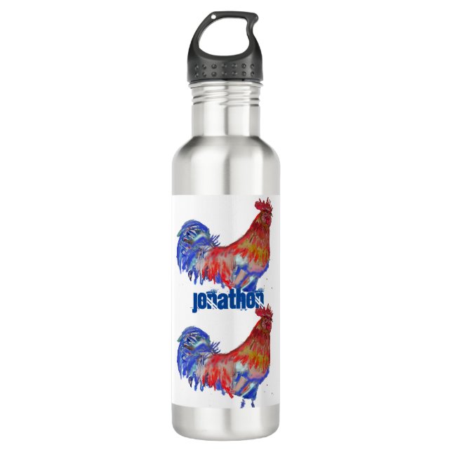 Botella De Agua Rooster Chicken Red Blue acuarela arte Niños (Anverso)