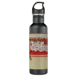 Botella De Agua Rosa antiguo Lace Rústico Rojo Victorilap