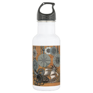 Botella De Agua Rosa de brújula Vintage Nautical Octopus Ship